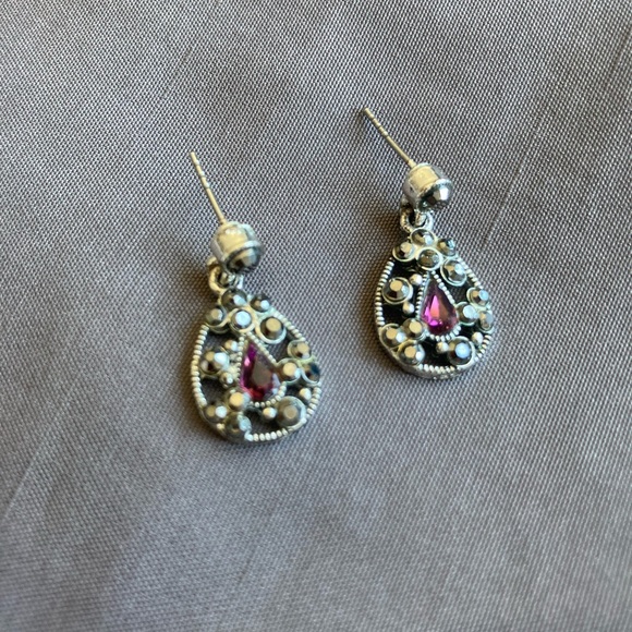 Vintage Dangle Earrings Silver Tone Metal, Amethyst and Marcasite stones - Picture 4 of 8